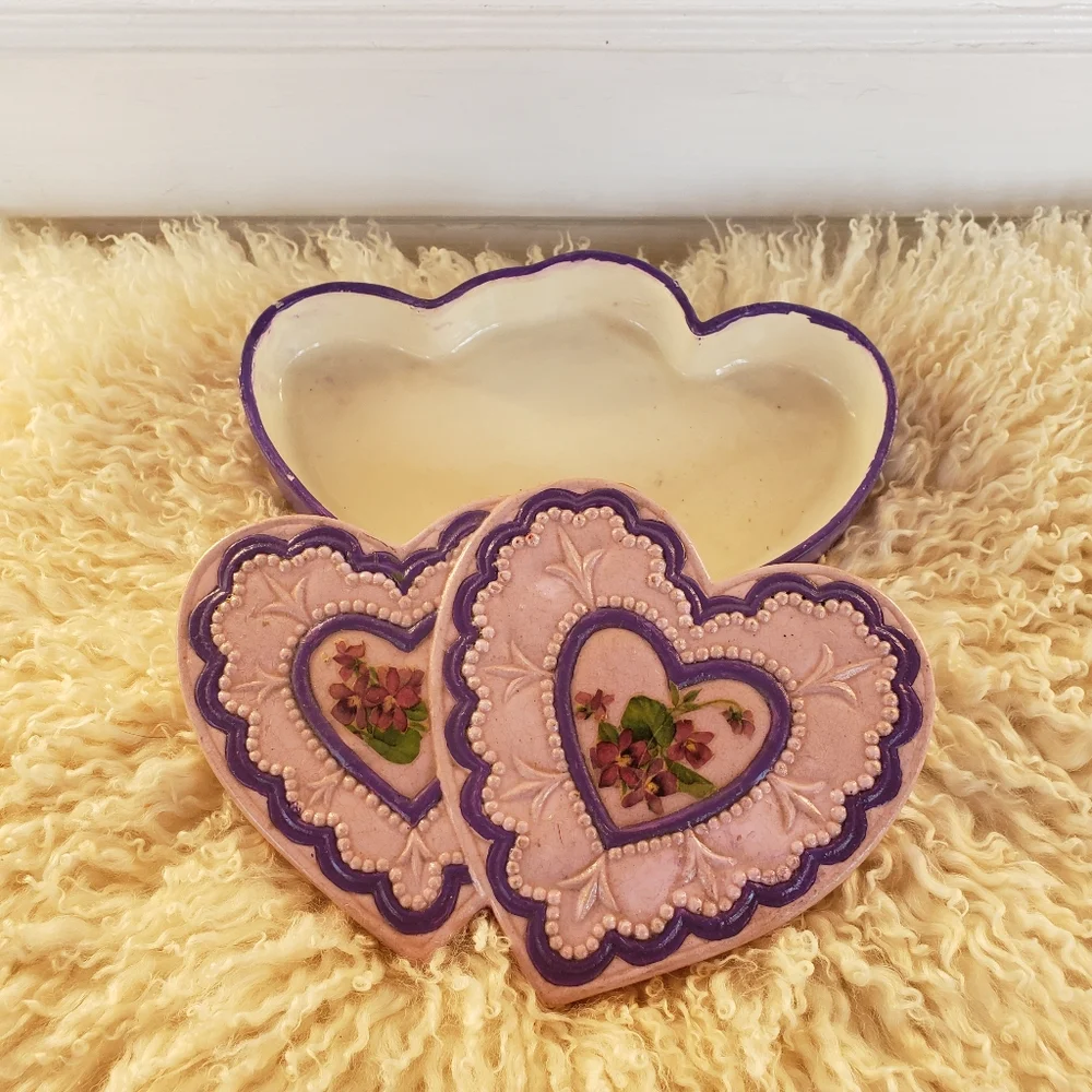 Handmade Ceramic Heart Unicorn Vtg Trinket Jewelry Box Cottage Purple Pink